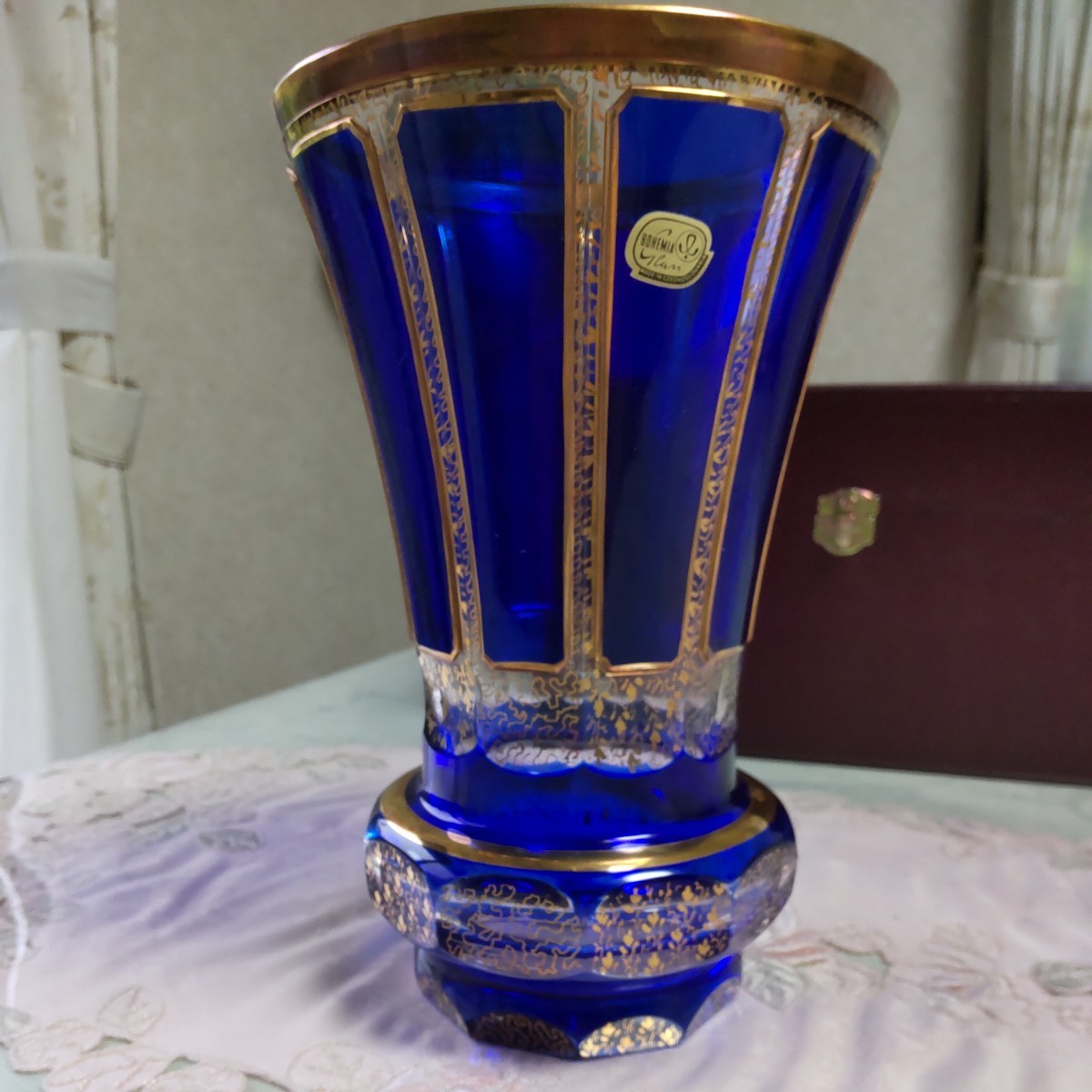 BOHEMIA 花瓶 ボヘミア ハンドカット 切子 クリスタル 花器 青