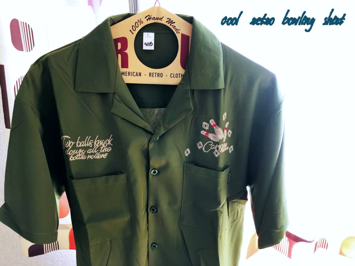 ★2023 S/S アメリカン クラシックレトロ 刺繍 開襟 オープン ボーリングシャツ アンティークグリーン M〜3XL メンズ 大きいサイズ★T758