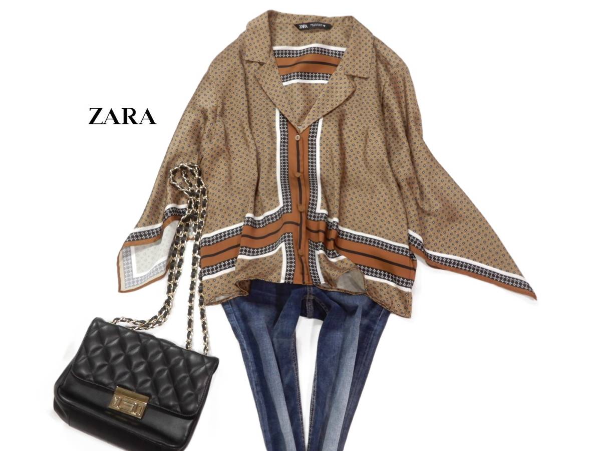 未使用 ザラ ZARA 大人素敵スタイル☆スカーフ風プリント デザイン袖 微光沢 ブラウス シャツ S