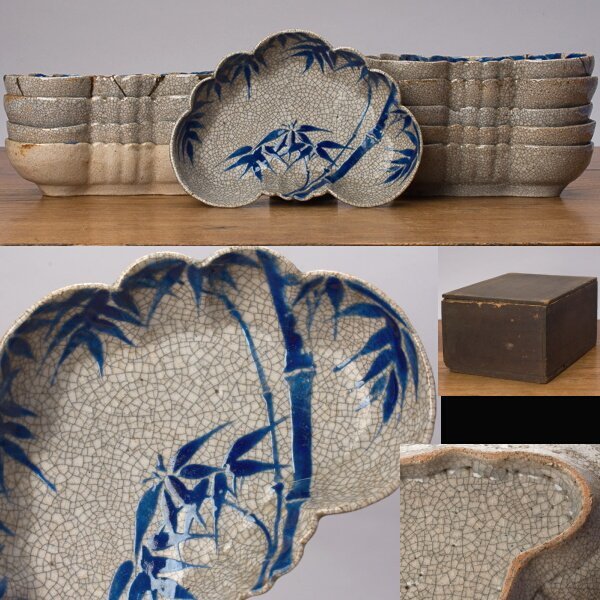 【千e156】古清水 向付 １０客 時代箱 江戸時代 竹図　　　　小鉢 青釉 京焼 清水焼 色絵 皿