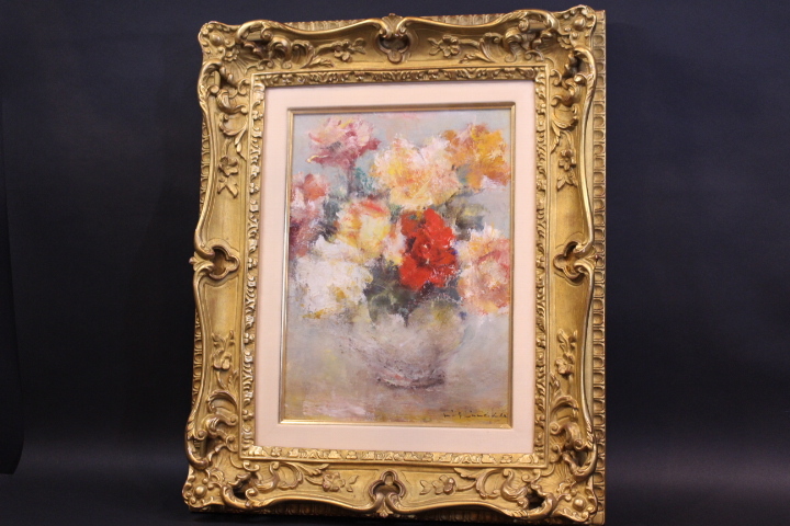 L-2750　西中 博「ばら」F4　油彩　額装　前面ガラス