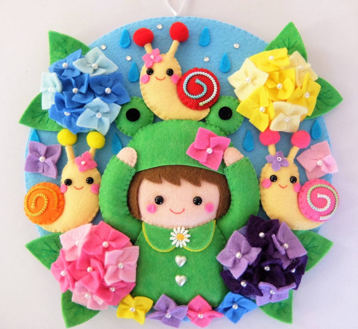 カエル着ぐるみBABY♡カタツムリ.紫陽花 ハンドメイド☆フェルト☆リース☆梅雨☆紫陽花☆カエルの着ぐるみ