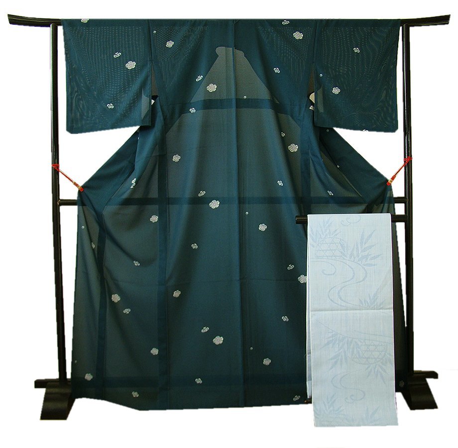 時代屋 裄69ｃｍ 夏物 ロング寸 駒絽 小紋 袋なごや帯 2点 セット 正絹 仕立上り 158ｃｍ～165ｃｍ KK300