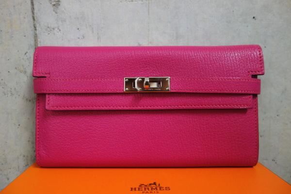美品 エルメス ケリーウォレット 長財布 ローズショッキング