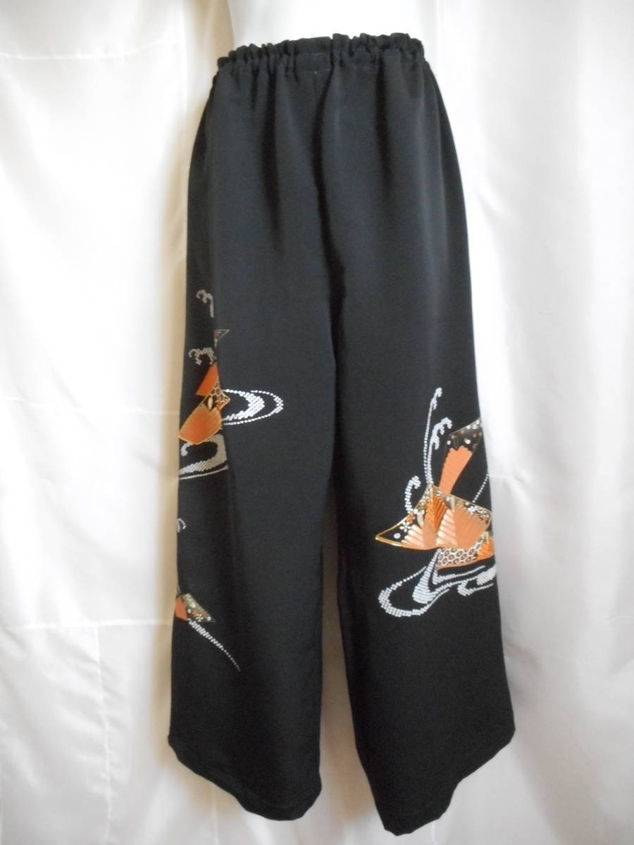 ＊ハンドメイド！ゆったり絵羽織縮緬ワイドパンツ　波と若松　正絹　＊