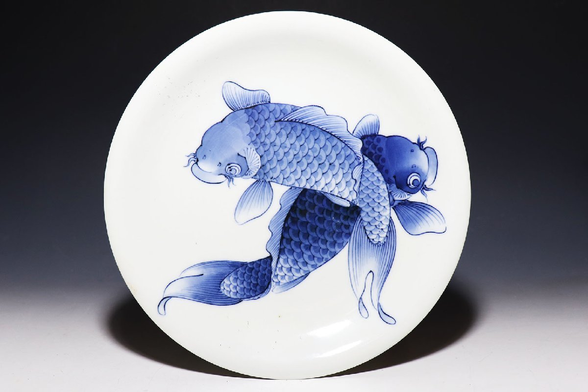 ス*ド様 中国　鯉の図　絵皿　骨董品 桃】平戸染付双鯉図七寸皿 | - 平戸焼 古美術・古