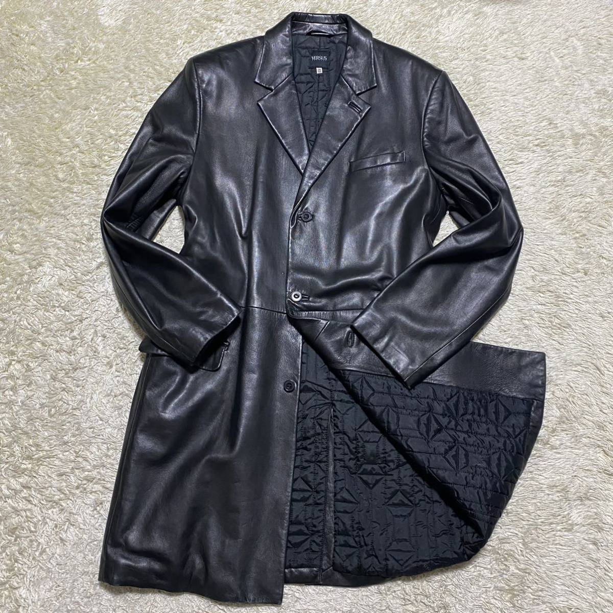 VERSACE ウールレザーコート グレー/ブラック 希少XLサイズ！！ ヴェルサーチ 【魅惑のトロトロ】 VERSACE VERSUS