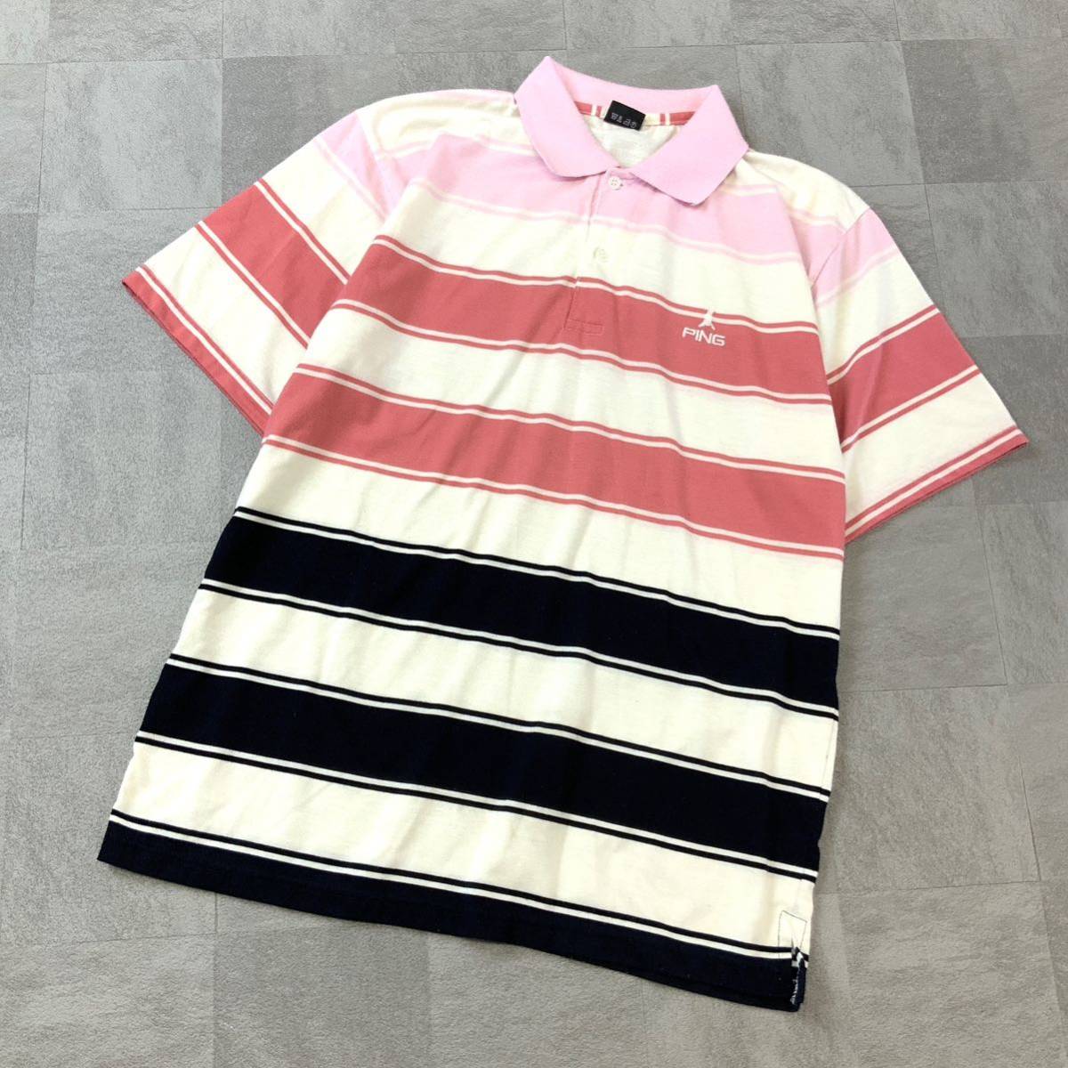 PING ピン マルチカラー ボーダー 半袖 刺繍ロゴ ポロシャツ メンズ XL相当 ホワイト ピンク系 ゴルフ golf