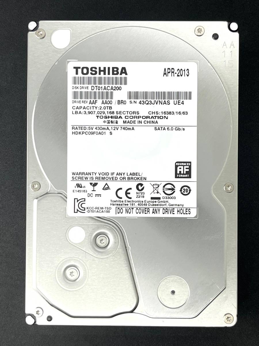 【送料無料】　★ 2TB ★　TOSHIBA / DT01ACA200　【使用時間：3983ｈ】　良品　3.5インチ 内蔵 HDD　SATA600/7200rpm