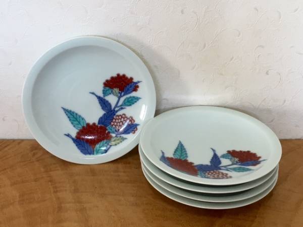 新品未使用　高級品　有田焼　13代　今右衛門　銘々皿　取皿　5枚組　錦絵　手描き ☆ 十三代今右衛門 錦藤袴絵 銘々皿 5枚 有田焼十三代今右衛門錦藤袴