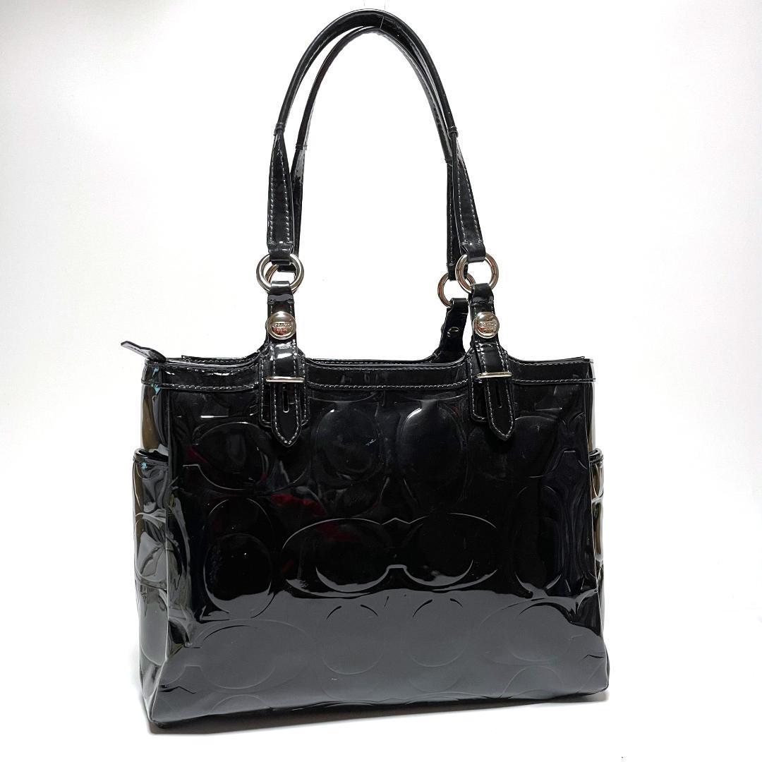 コーチ ハンドバッグ 正方形 ジッピー チャック分離 ショルダー ワンショルダー ロゴ刻印 ブラック 黒 エナメル レザー COACH