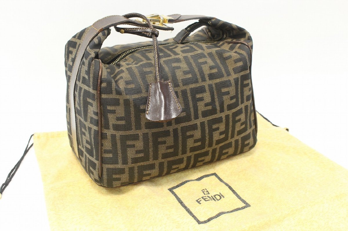 【1円～】FENDI フェンディ バニティバッグ ズッカ柄 鍵付き ロック式金具 キャンバス レザー ベージュ系 ヴィンテージ 5-F067Y/1/060