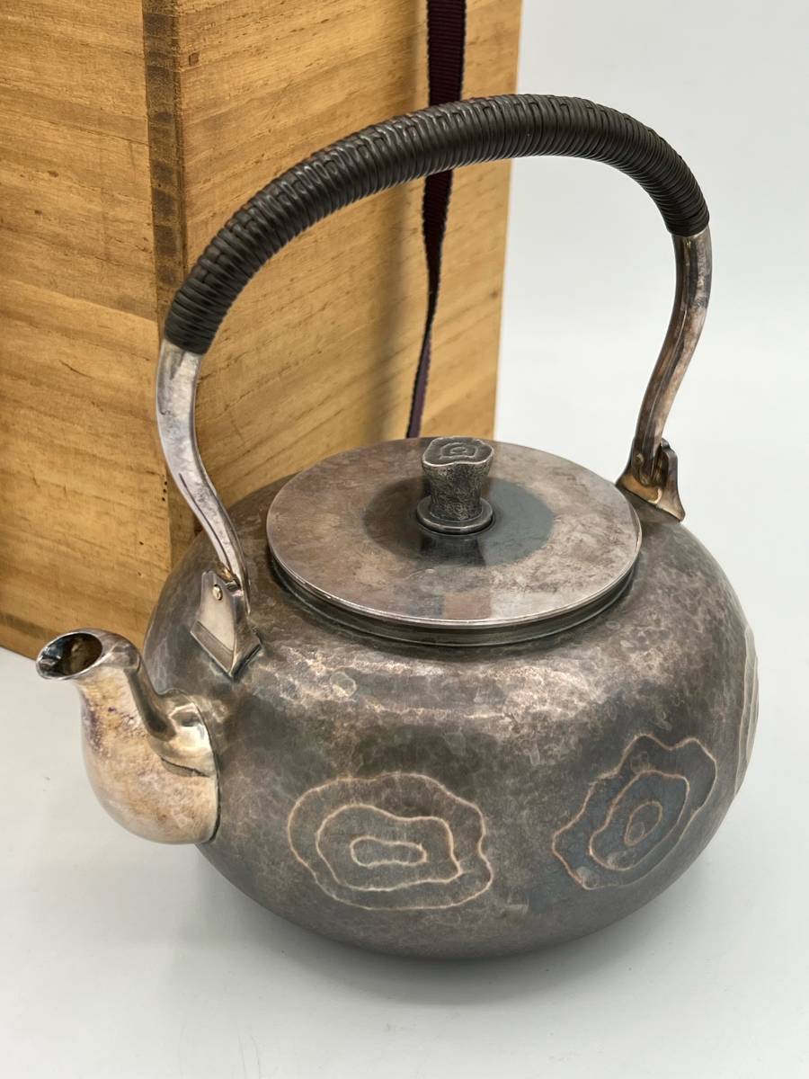 N16475【希少】純銀刻印 急須 無銘 水注 槌目 煎茶道具 金属工芸 約415.5