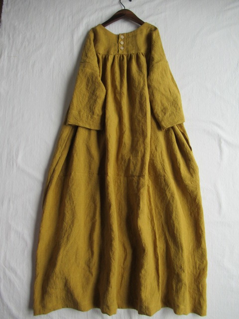 ハンドメイド リネンマスタード ギャザー切替 op ::: | ハンドメイド