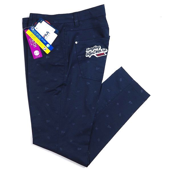 P164 新品 FILA GOLF フィラ ゴルフ 春夏 エンボス総柄 ストレッチ 9分丈 テーパード パンツ 吸汗速乾 UVカット Dカン 86 ネイビー_1