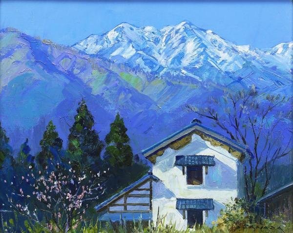 真作】【WISH】佐間田敏夫「爺ヶ岳残雪（長野木崎湖峯)」油彩 3号 ◇一