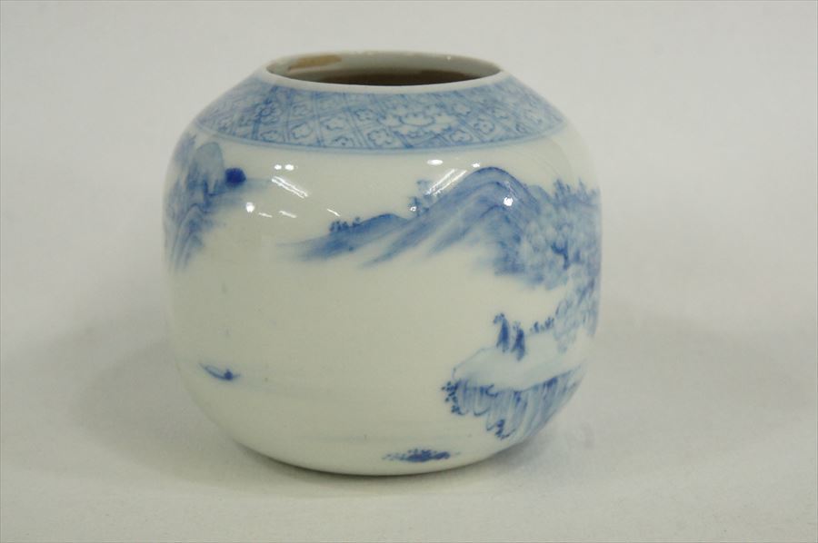 T 平戸焼 三川内焼 染付山水図 茶入 時代不詳 木箱 3574