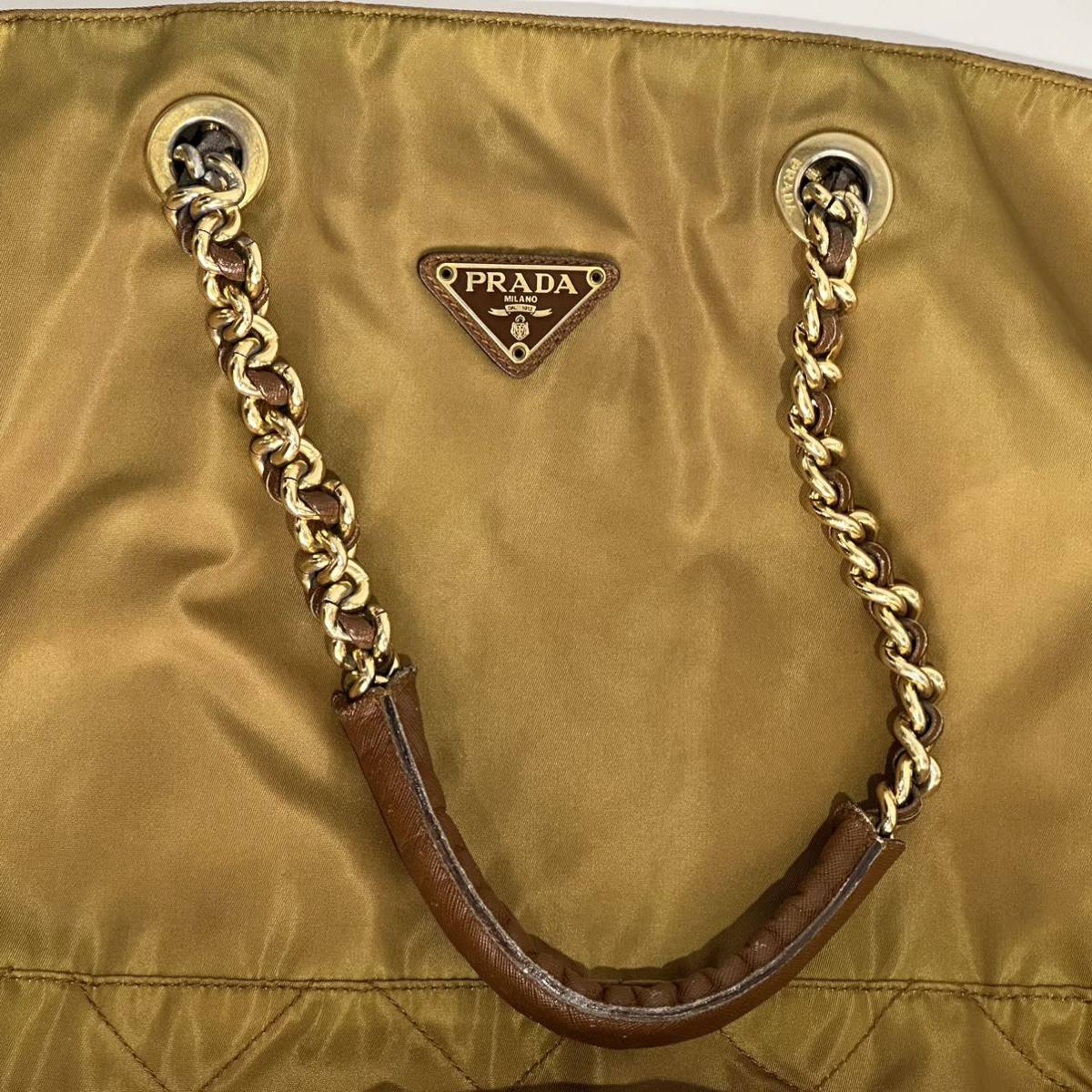 PRADA プラダ チェーン×レザー 大容量 キルティング ナイロン トート
