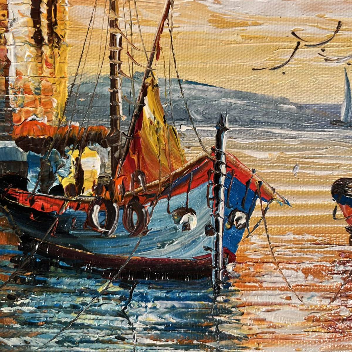 手書き油絵 二隻の船 額付 絵画 インテリア 油彩画 二隻の船