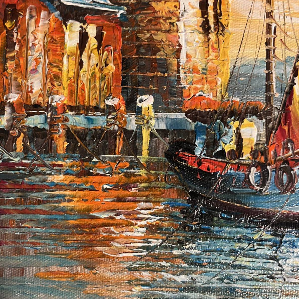 手書き油絵 二隻の船 額付 絵画 インテリア 油彩画 二隻の船
