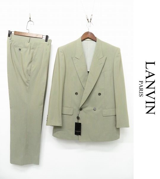 J262/未使用 LANVIN スーツ セットアップ ダブルジャケット パンツ スラックス 背抜き サイドベンツ 2タック 裾シングル 48 M~L 緑 春秋