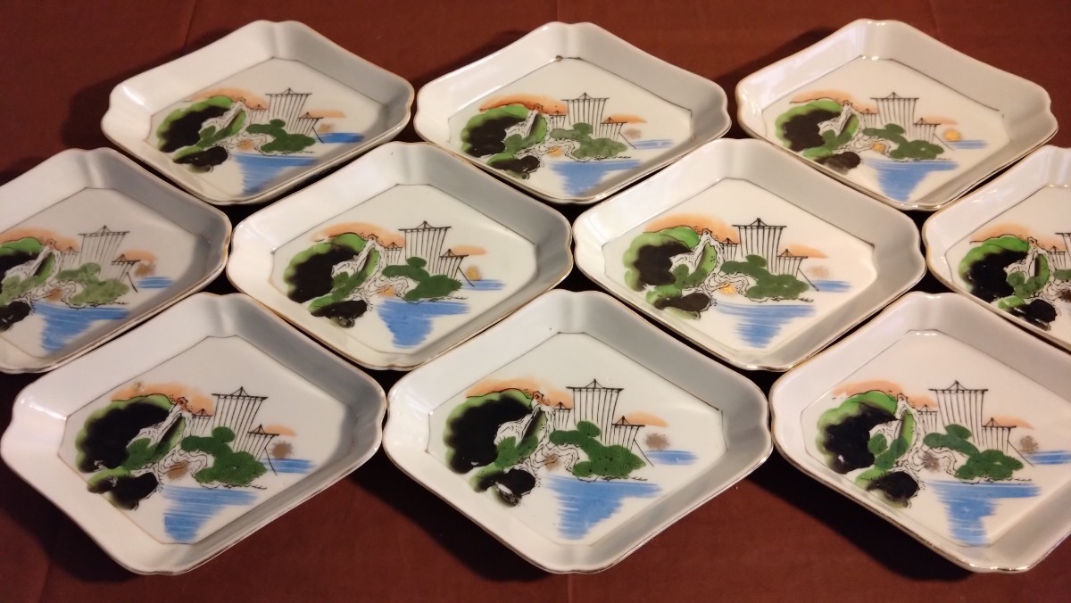 古伊万里 伊万里 色絵 鶴の図 菱形皿 菓子皿 蔵出し 5客 伊万里 古