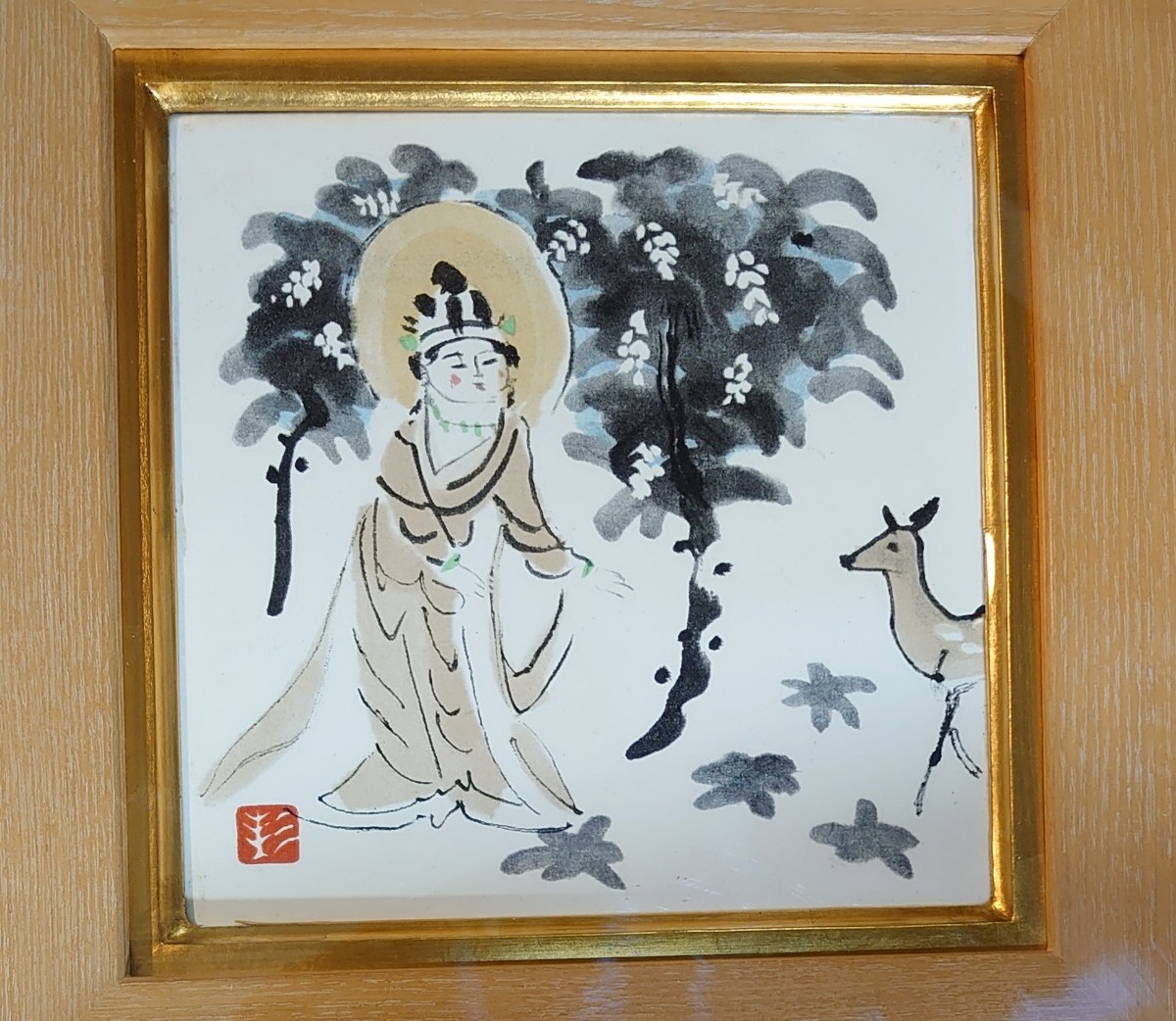 ☆杉本健吉 陶板画 『奈良三景(仮題)鹿と菩薩』額入 (陶板)縦14cm