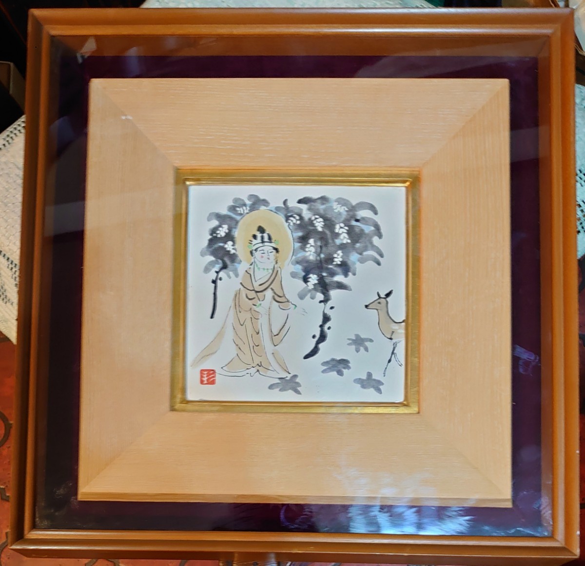 ☆杉本健吉 陶板画 『奈良三景(仮題)鹿と菩薩』額入 (陶板)縦14cm