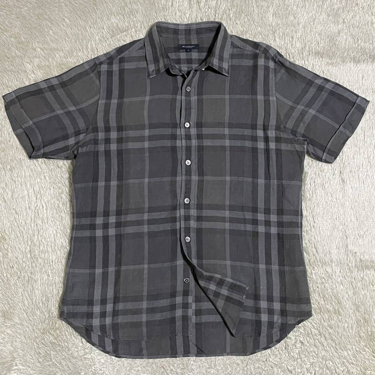 【美品/希少Lサイズ】BURBERRY LONDON バーバリーロンドン　半袖シャツ　リネン100% ノバチェック　ブラック　三陽商会　メンズ　2205