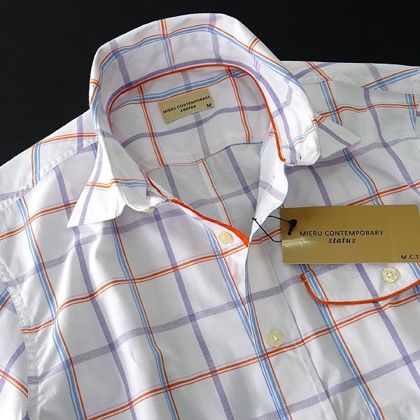 新品 ミエル 春夏 チェック柄 ブロード 半袖 シャツ L 白紫橙 【CY52-2101S_17】 MIERU CONTEMPORARY メンズ コットン マルチカラー