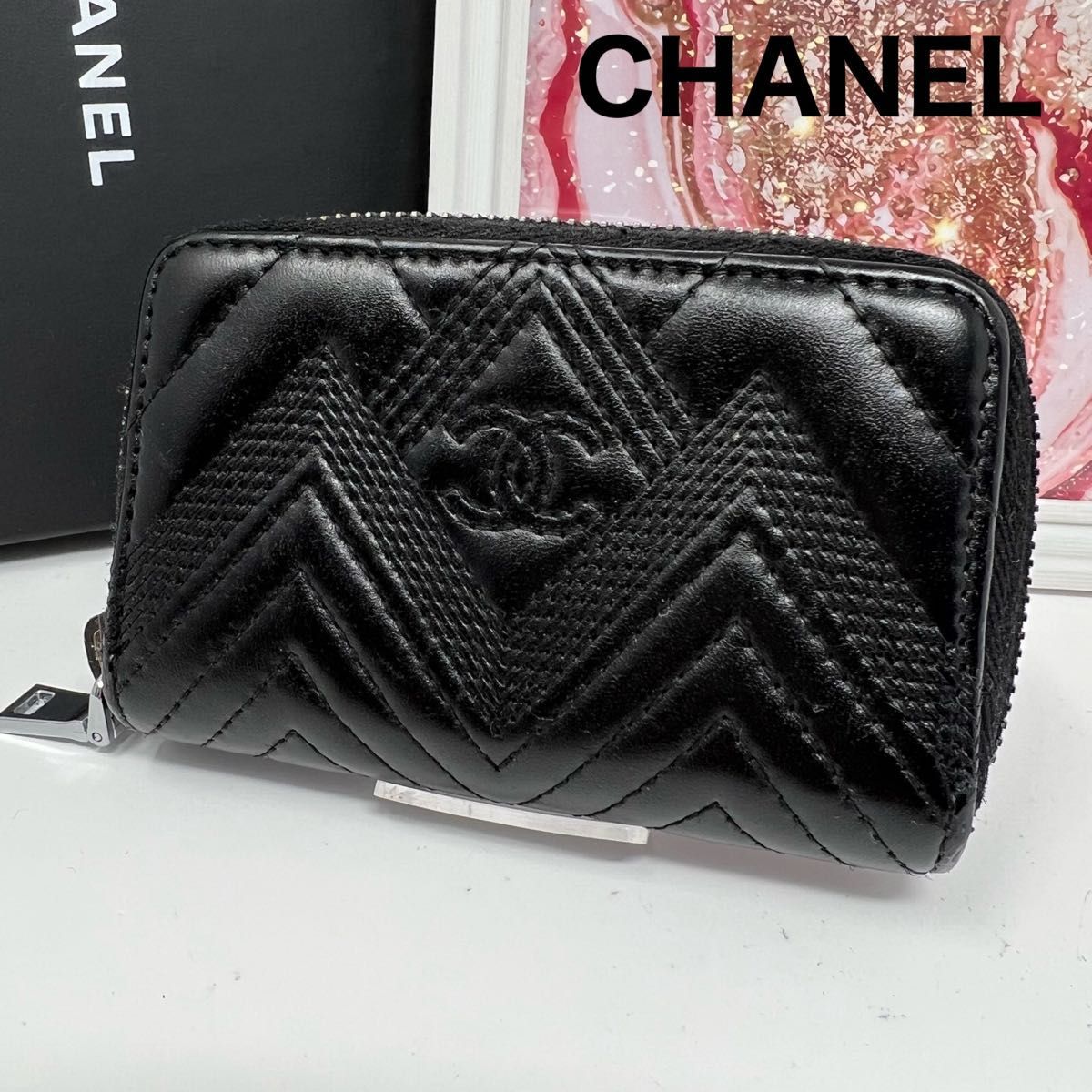 CHANEL シャネル ラムスキン Vステッチ刺繍 ラウンドジップ ケース CHANEL シャネル Vステッチ刺繍 ラムスキン ラウンドジップ コイン