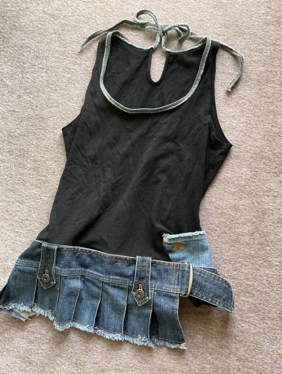 バーバリー ブルー キャミソール チュニック タンクトップ デニム 38 ドッキング ワンピ ベルト デザイン ブルレ BURBERRY BLUE LABEL