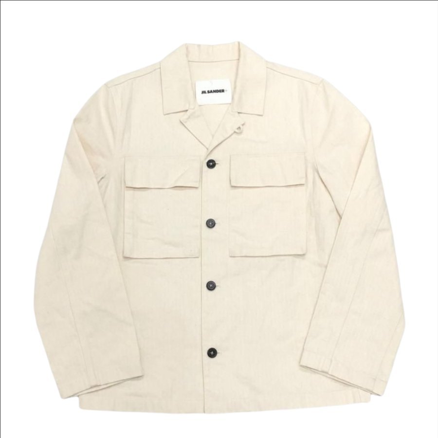 JIL SANDER + ジルサンダー プラス 開襟 オープンカラー ヘリンボーン ロングスリーブ ワークシャツ シャツジャケット 表記サイズ(32) @K