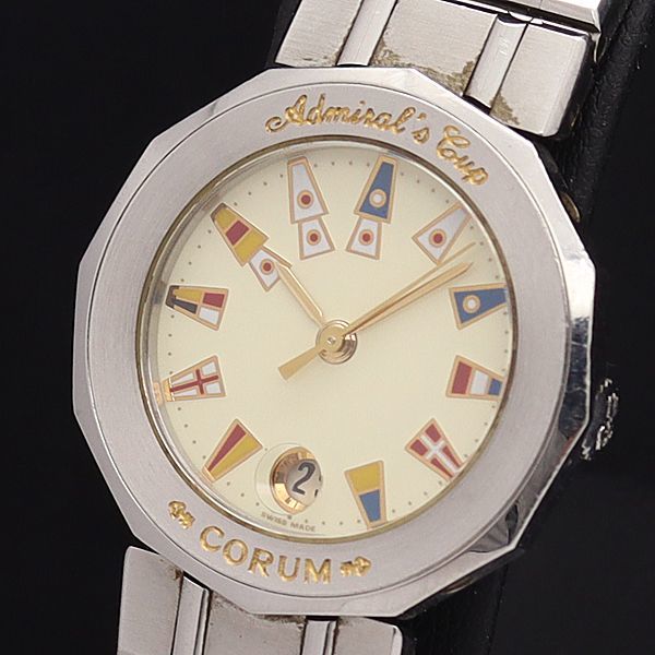 1円 稼働 良品 コルム QZ 39.610.20V50 アドミラルズカップ アイボリー文字盤 デイト レディース腕時計 5237100 NKG
