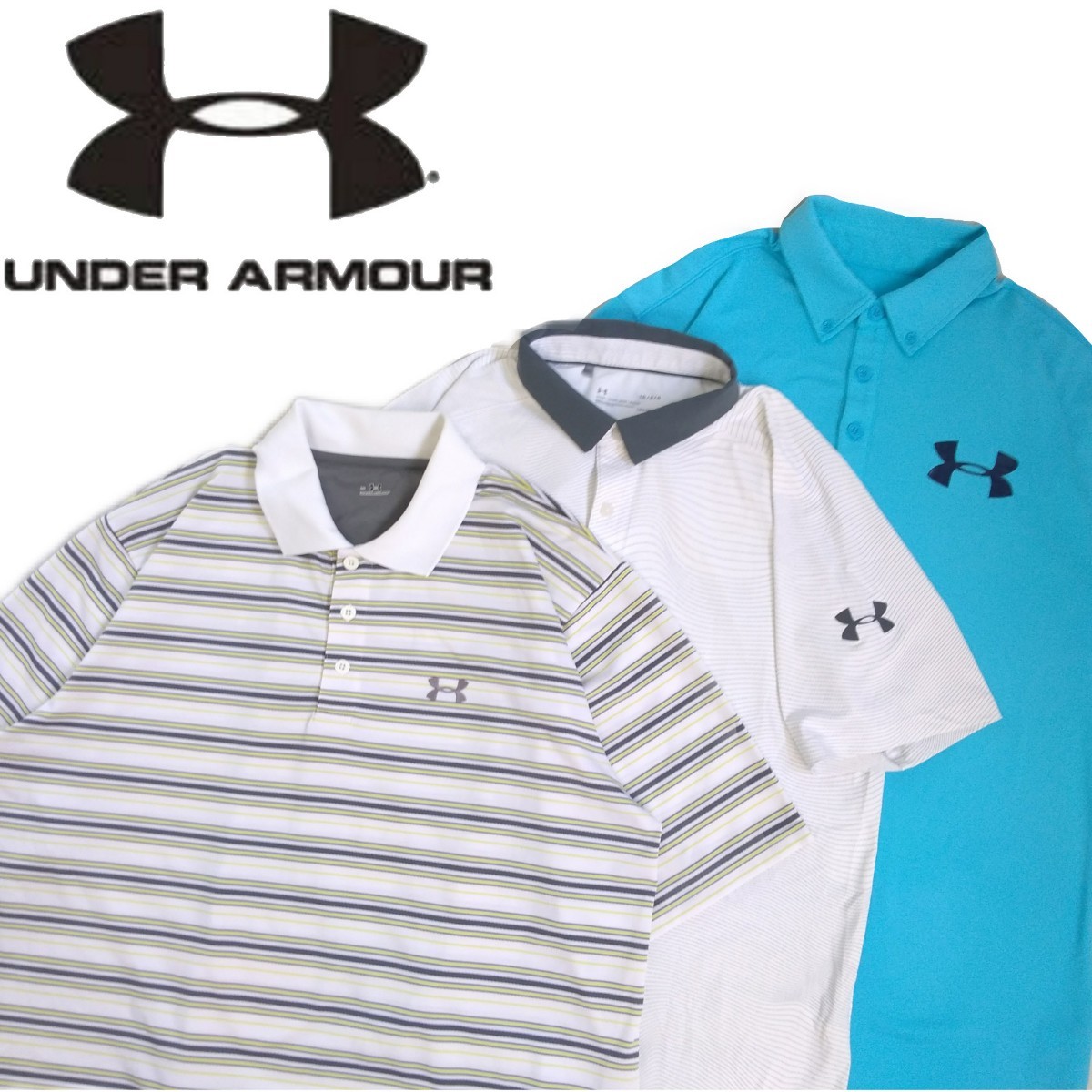 極美品 最高級 豪華3点 UNDER ARMOUR 吸水速乾 ストレッチ ビッグロゴ 総柄 半袖ポロシャツ メンズL アンダーアーマー ゴルフウェア 230719