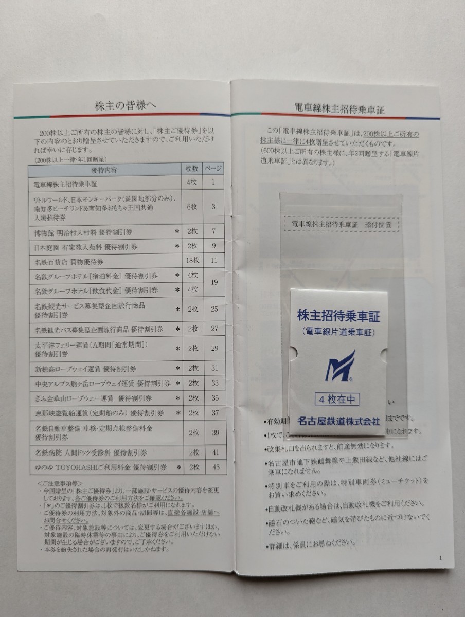 名古屋鉄道　株主優待　株主招待乗車証4枚 ＋ 株主ご優待券　2024年6月30日まで有効　送料無料