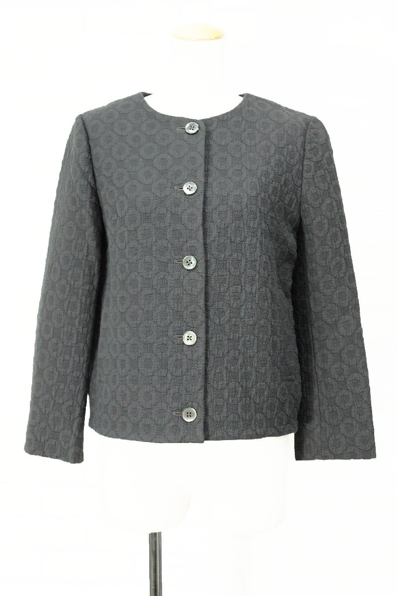 美品 サリースコット コットンドット柄長袖ノーカラージャケット 灰11 rh441