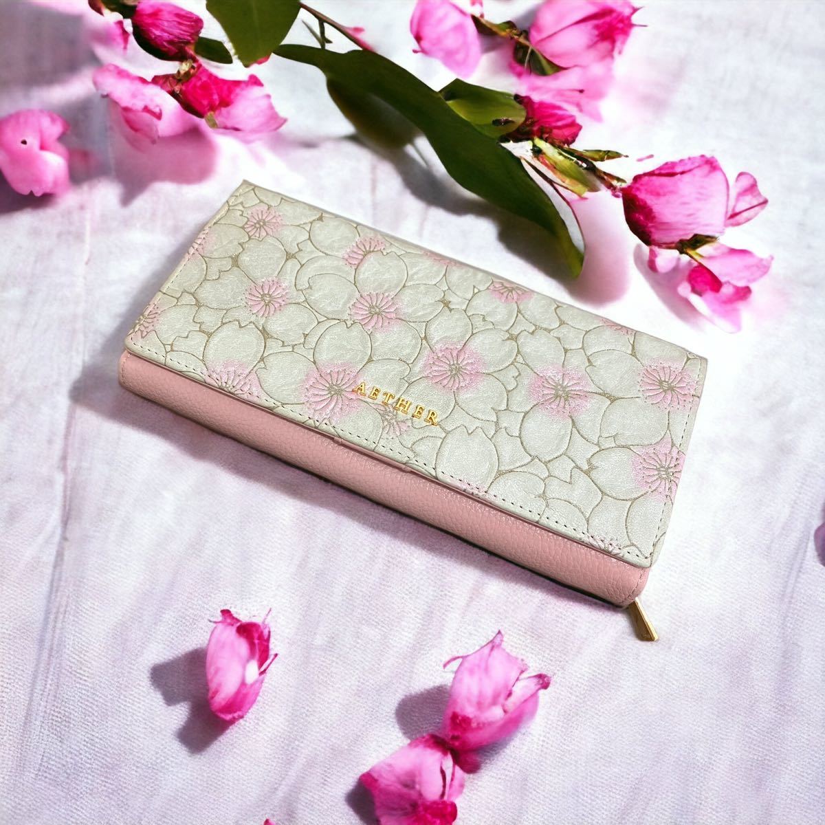 長財布 AETHER エーテル サクラ ヌバックレザー ピンク×ホワイト 桜 花