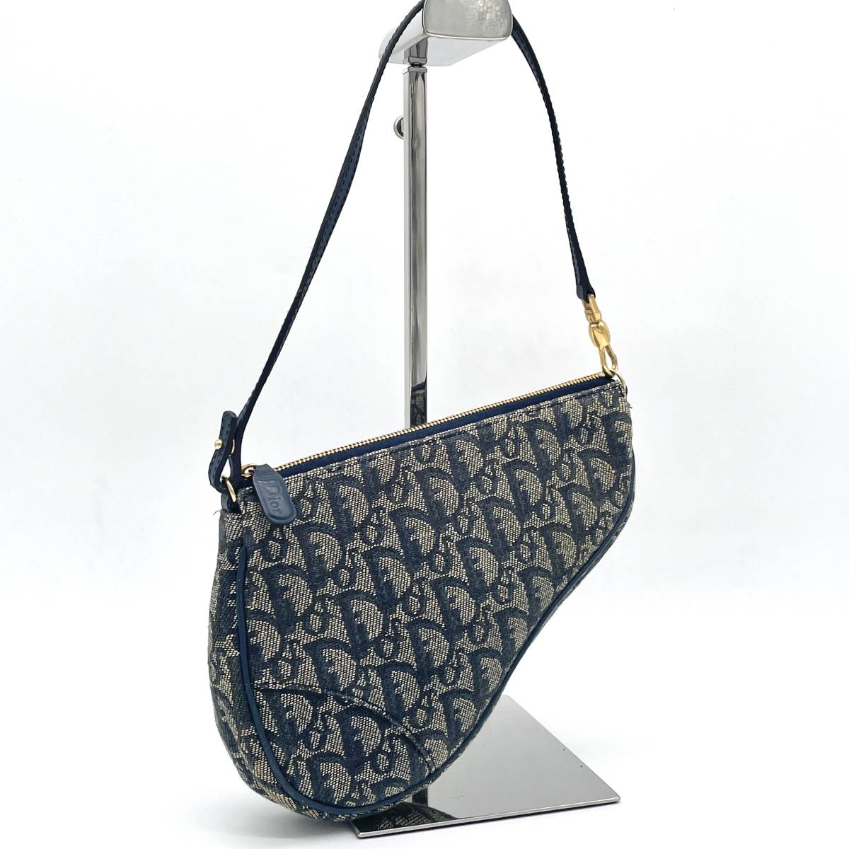 1円 良品 Christian Dior クリスチャンディオール トロッター ネイビー サドルバッグ サドルポーチ ゴールド金具 アクセサリーポーチ