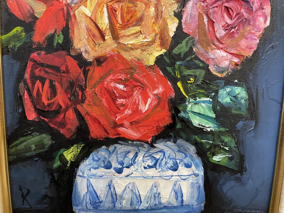【おめで鯛さま専用】中川力　真作「ばら」 油彩3号　薔薇図傑作　表サイン 約37×43cm 額装 真作！ 中川 力 『ばら』3号 花 油彩 油絵 傑作 雪舟と