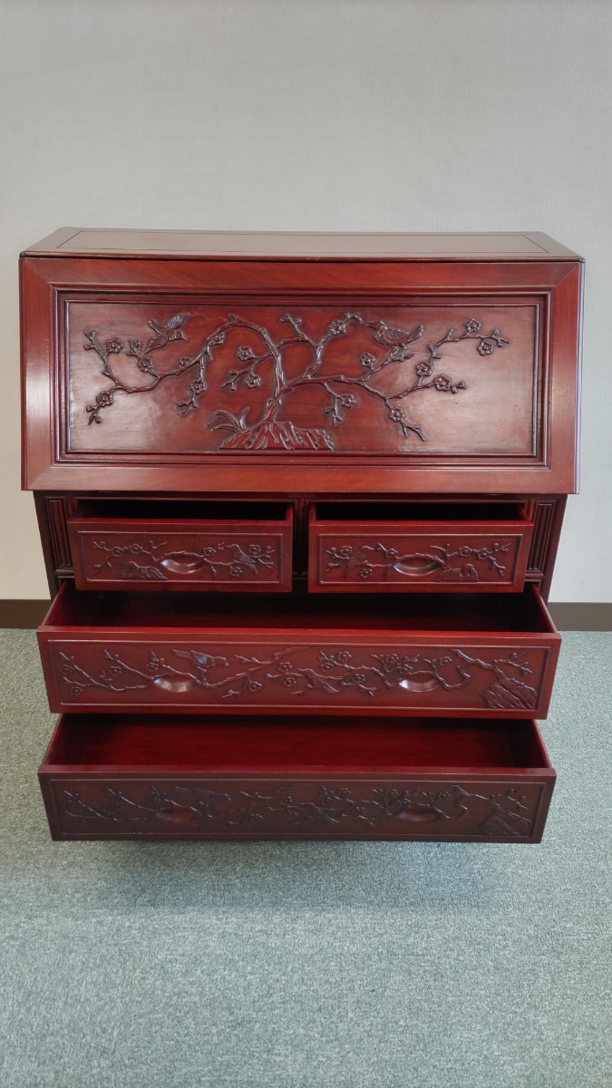 花梨 唐木 ライティングビューロー 彫刻入り引き出し 直接引取可】中国