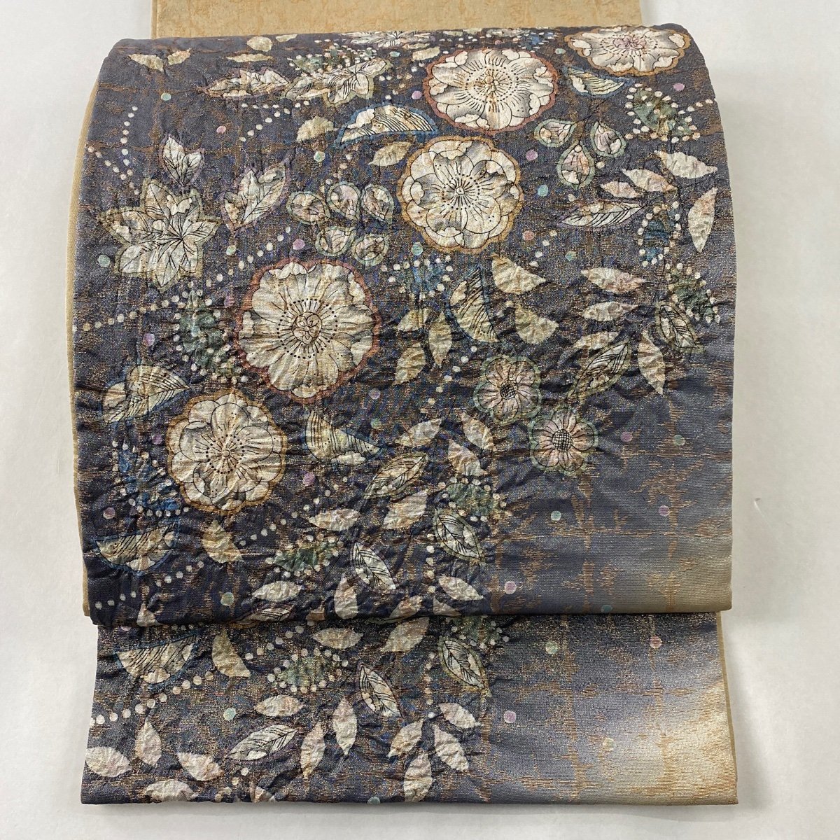 袋帯 美品 名品 辻が花 箔 銀通し 灰紫 お太鼓柄 正絹 【中古】