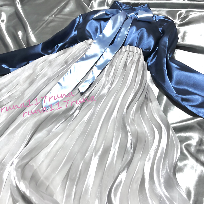 【お得，得価】 大きいサイズ メンズ様 超光沢サテン 超ツルツル 超すべすべ シャツ ブラウス＆スカート プリーツ ロング 清楚 女装 衣装 フェチ♥