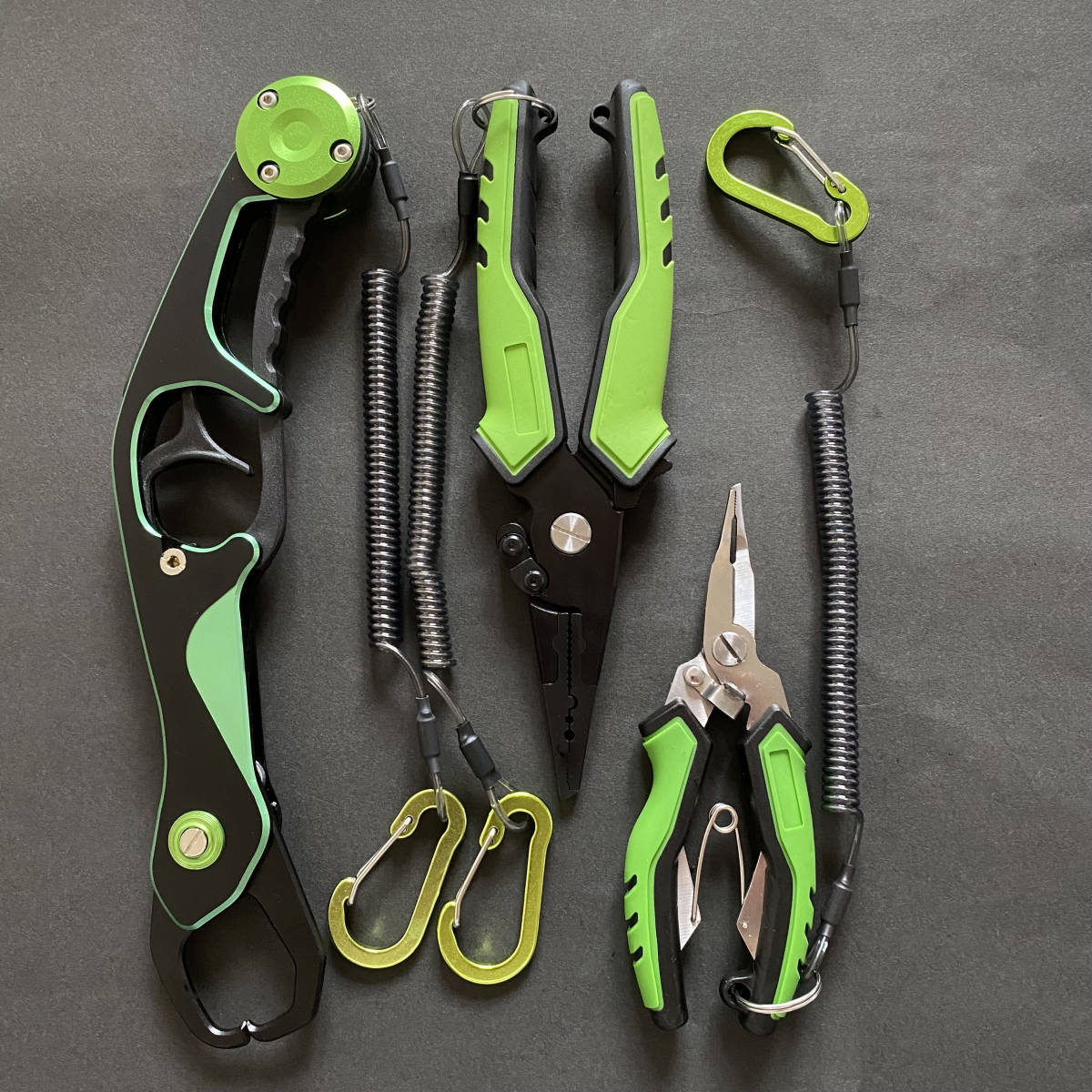 フィッシュグリップ+フィッシングプライヤー(大・小)3点セット ロック機能付き ケース付き ロープ付き グリーン