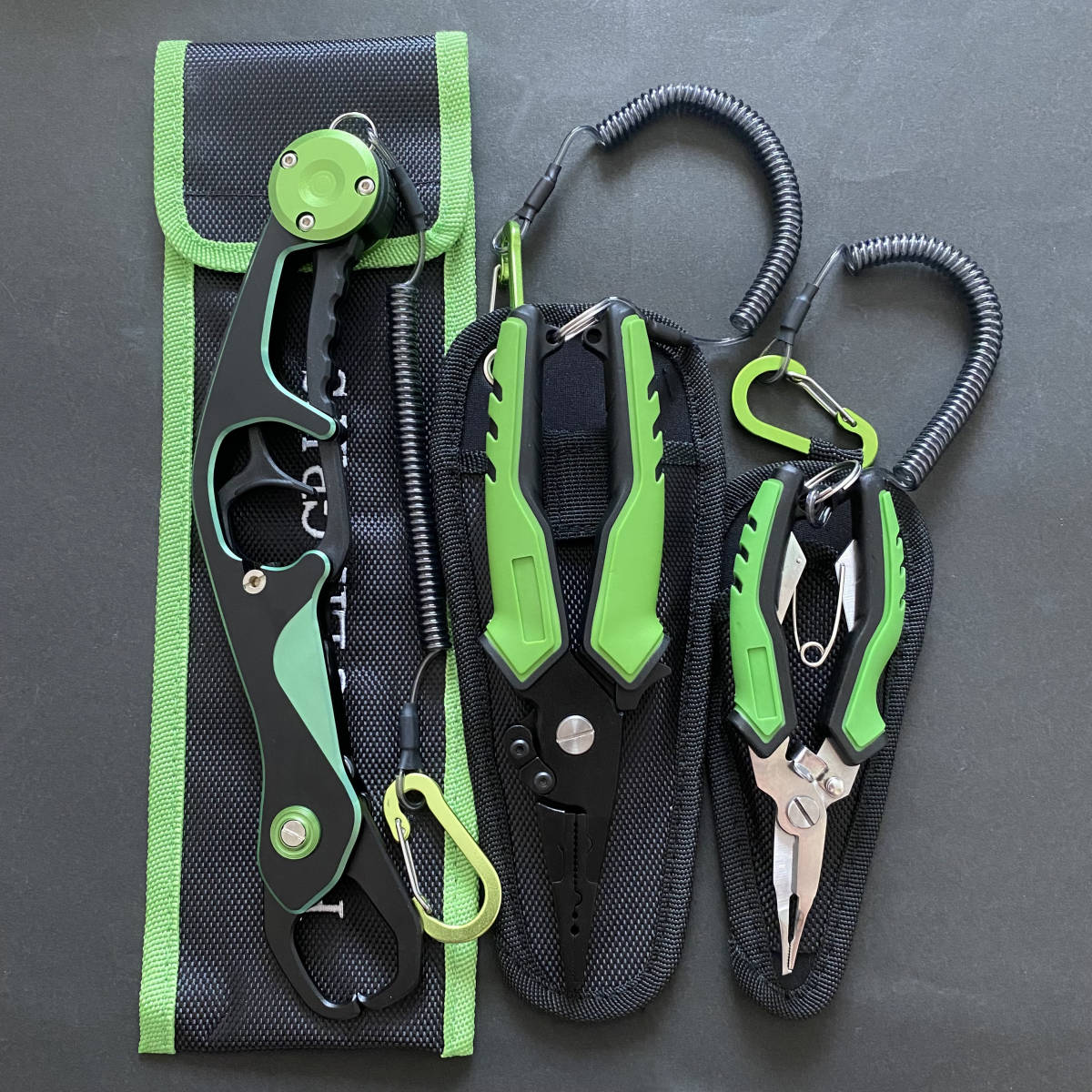 フィッシュグリップ+フィッシングプライヤー(大・小)3点セット ロック機能付き ケース付き ロープ付き グリーン