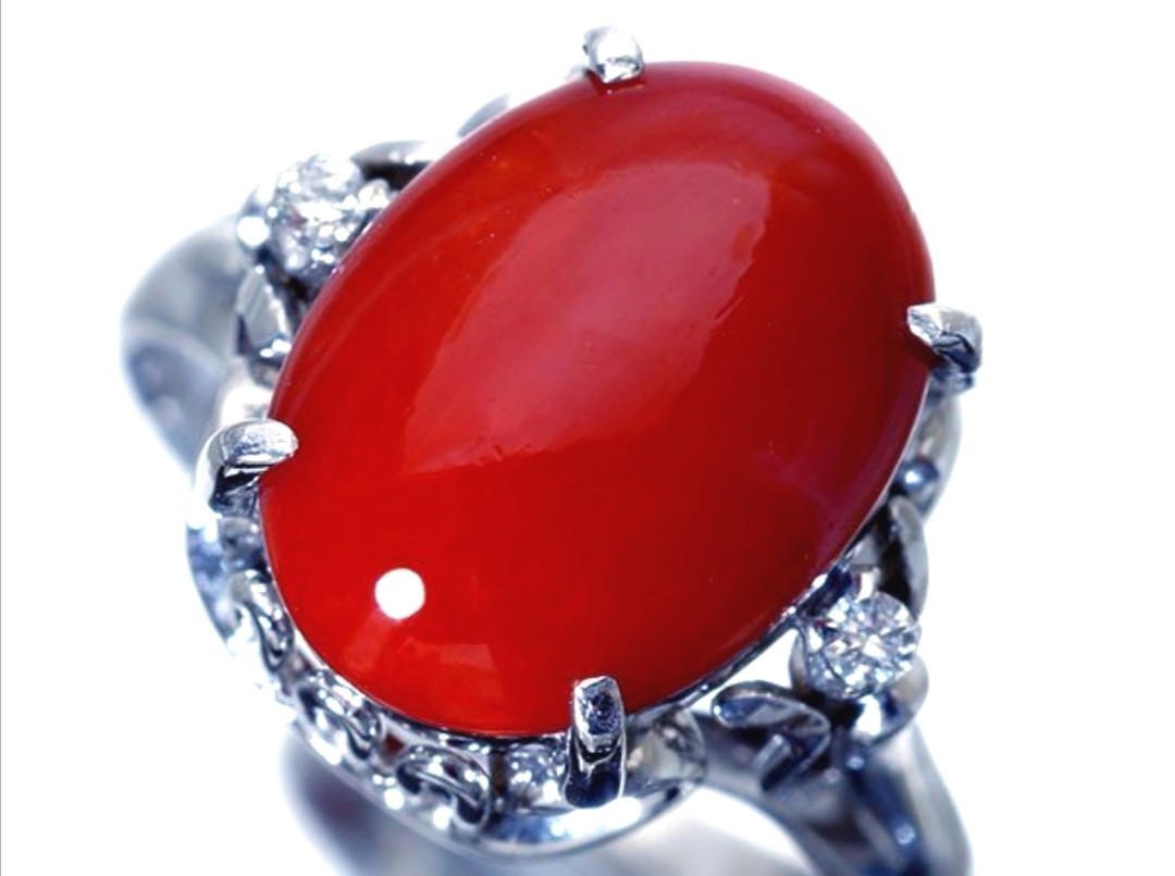 上質赤珊瑚色！上質天然赤珊瑚＆ダイヤモンド 高級K14WGリング 