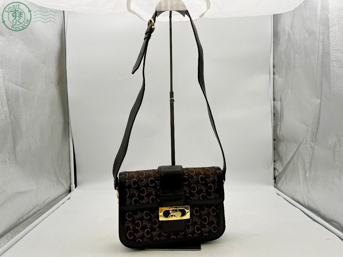 26622002 □ 1円~ CELINE セリーヌ Cマカダム 馬車金具 キャンバス×レザー 肩掛け ショルダー バッグ 鞄 ブラウン 中古 ブランド品