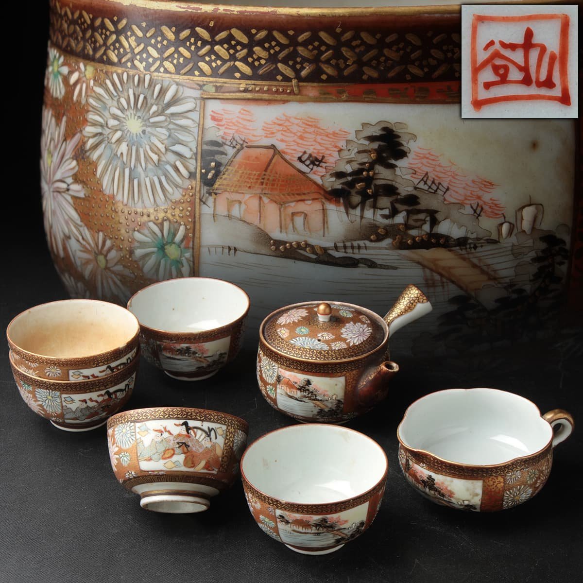 EK466 時代 煎茶道具【九谷造】九谷 色絵金襴手 菊/窓抜山水人物文