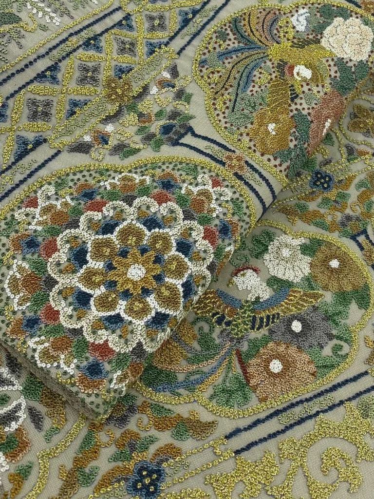 総相良刺繍 袋帯 七宝繋ぎ 大華紋 鳳凰 鳥 花文様 金糸 正絹 お太鼓柄