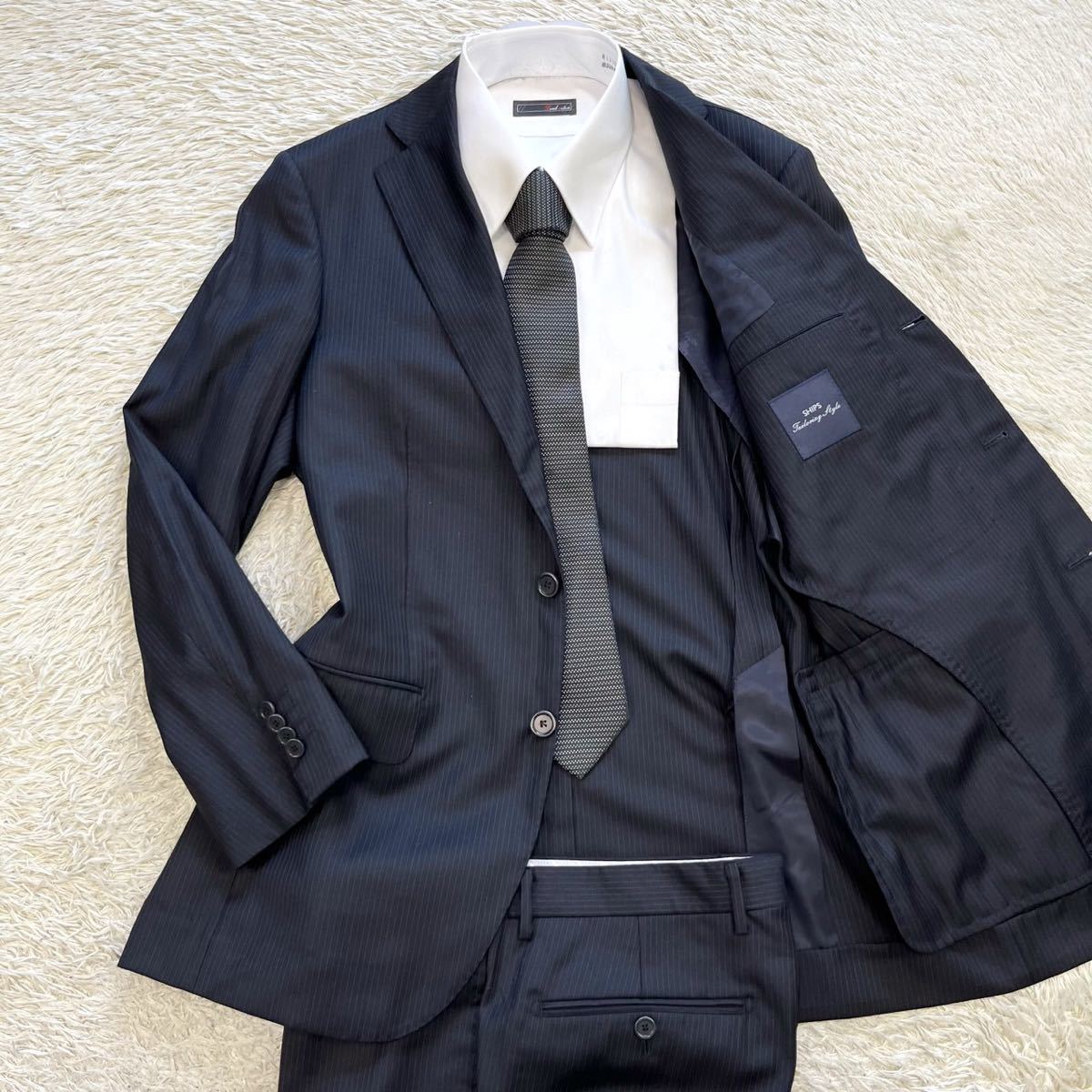 美品！シップス　ロロピアーナ　Super120's【贅の極】SHIPS Loro Piana スーツ　セットアップ　ジャケット　ストライプ ネイビー 濃紺 M位